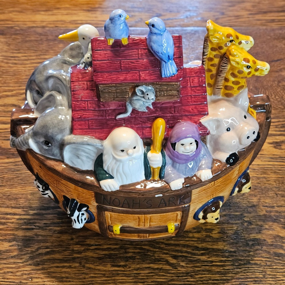 Harry and David Noahs Ark Ceramic Cookie Jar Multi Animal Religious Lidded‎ Jar